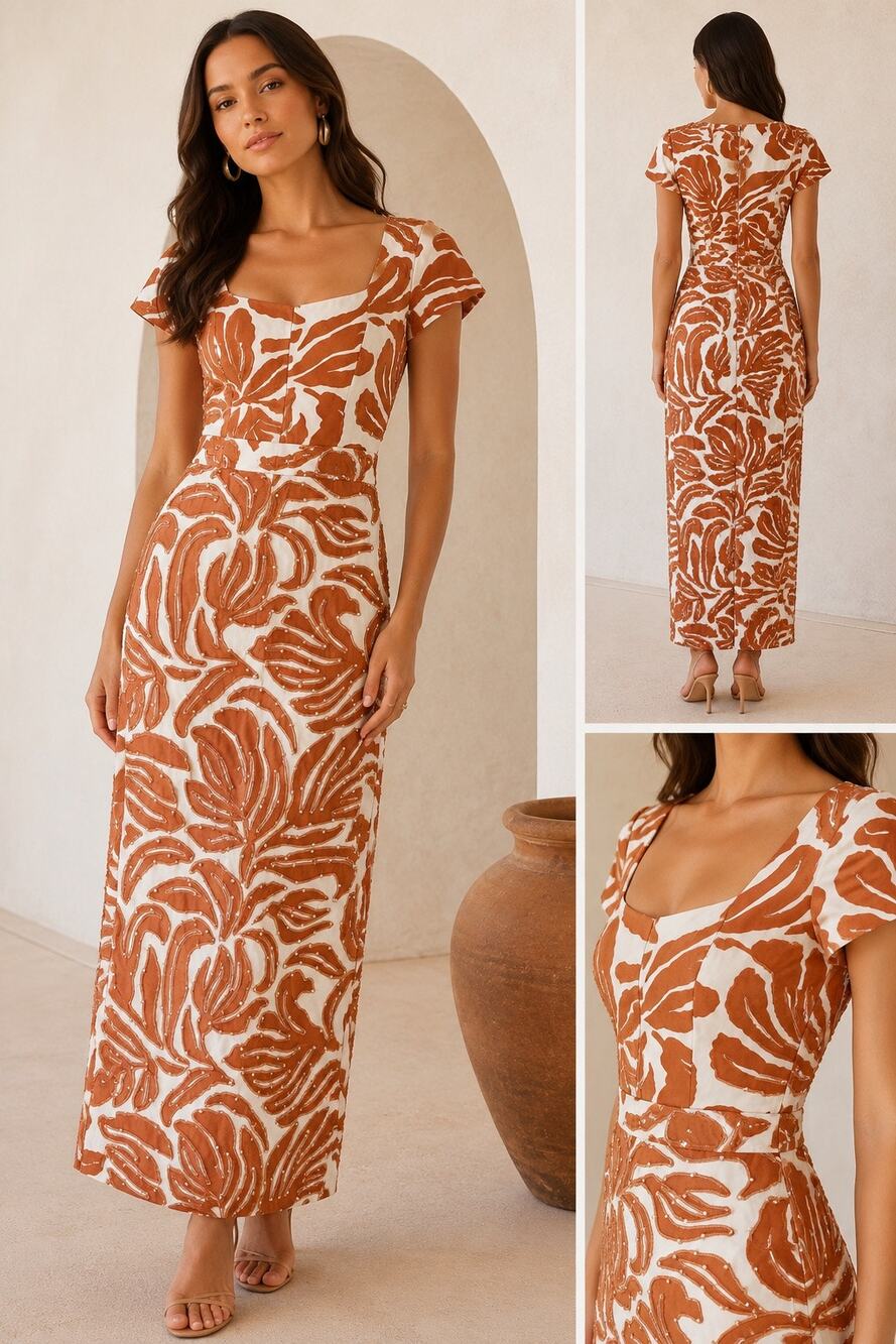 BTB Los Angeles NWT Camel Cream Beaded Soutache Maxi Dress Small